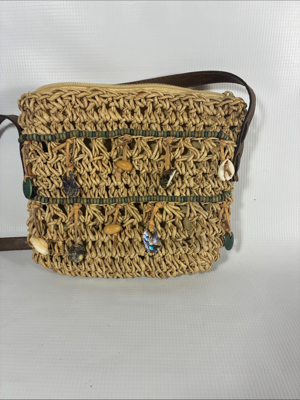 Natural Woven Shell-Accent Crossbody Bag - Beige